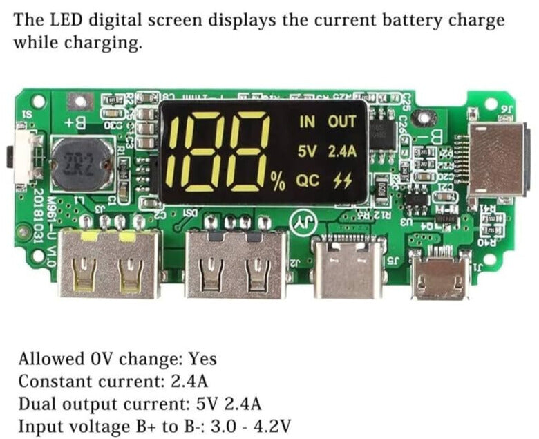 š 18650 Lithium Battery Charging Module with Digital Display ā Dual USB 5V 2.4A Output