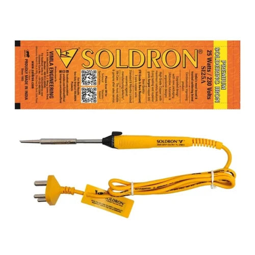 Soldron 25-watt soldering iron with pointed tip for electronics soldering and DIY repair work