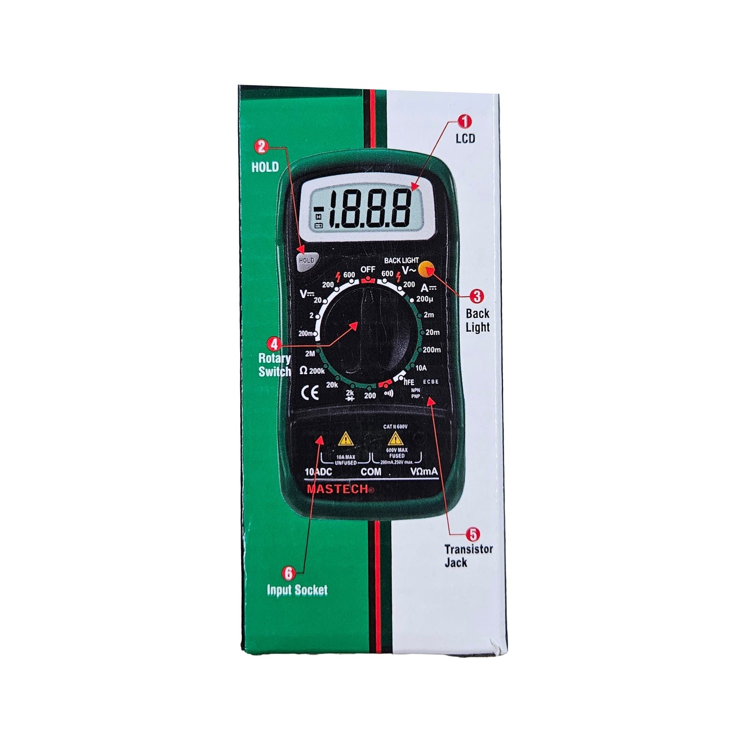 Mastech MAS830L Digital Multimeter – 2000 Counts LCD Display, AC/DC Voltage, DC Current, Resistance, Temperature, Data Hold & Backlight