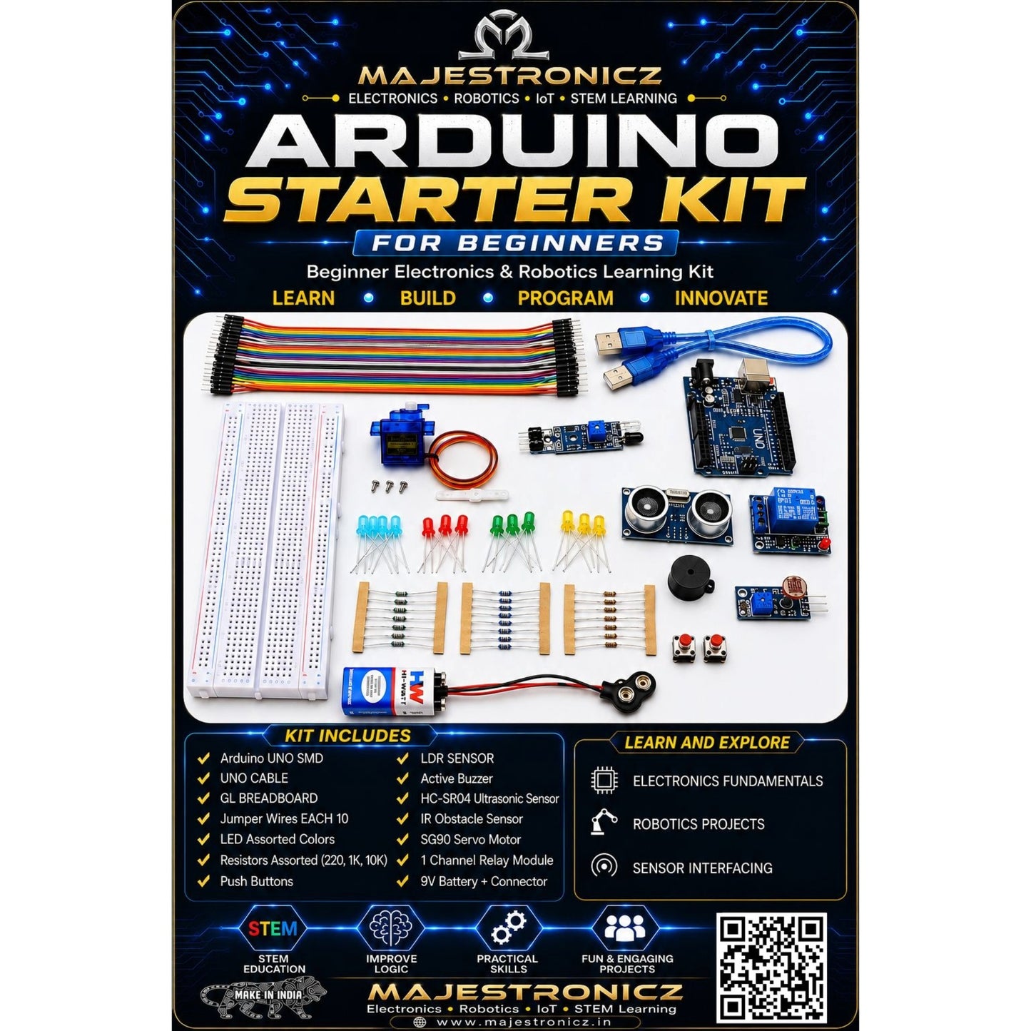 Arduino UNO Starter Kit for Beginners – Complete DIY Electronics Learning Kit with Arduino UNO SMD, Sensors, Servo Motor, Relay Module, Breadboard & Project Components