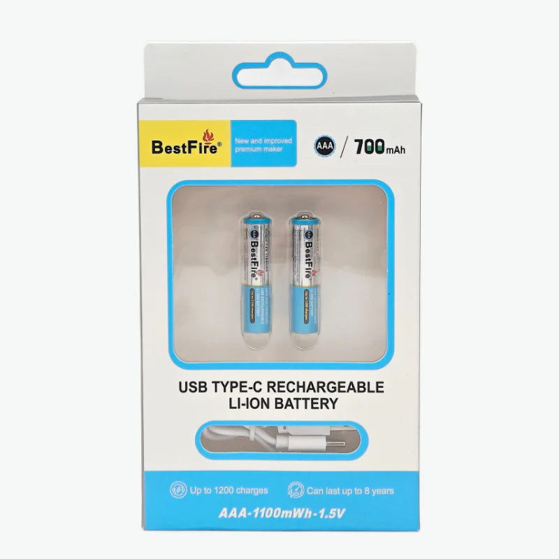 BestFire AAA 700mAh USB Type-C Rechargeable Li-ion Battery 1.5V – Pack of 2 with Charging Cable
