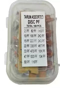 Capacitor kit box with assorted electrolytic and ceramic capacitors for electronic prototyping and repairs