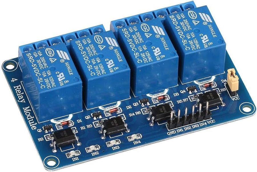 4-channel 5V relay module with optocoupler isolation for Arduino and Raspberry Pi control