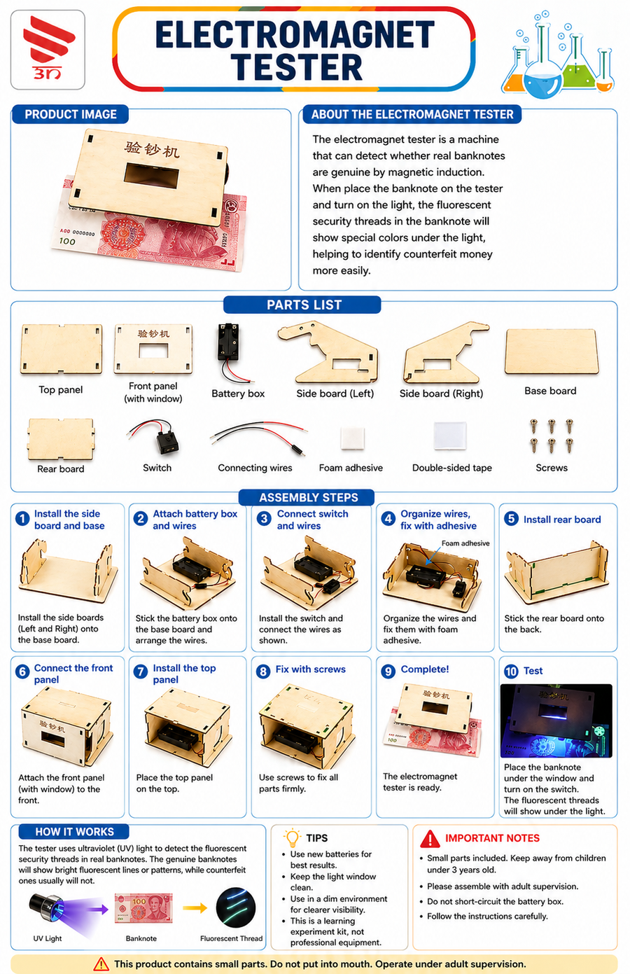Electromagnet Tester DIY Science Kit – UV Currency Detection Experiment Kit with Wooden Assembly Model for STEM Kit, Physics Projects & Educational Activities