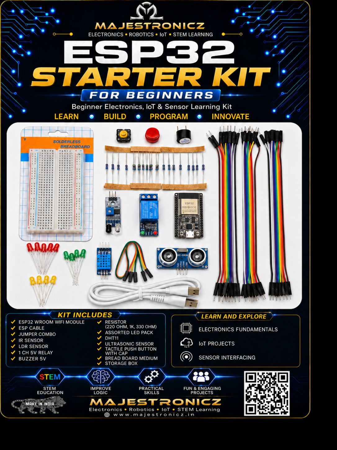 Beginner ESP32 Starter Kit for IoT, Electronics Learning, DIY Projects, School & College Project Practice