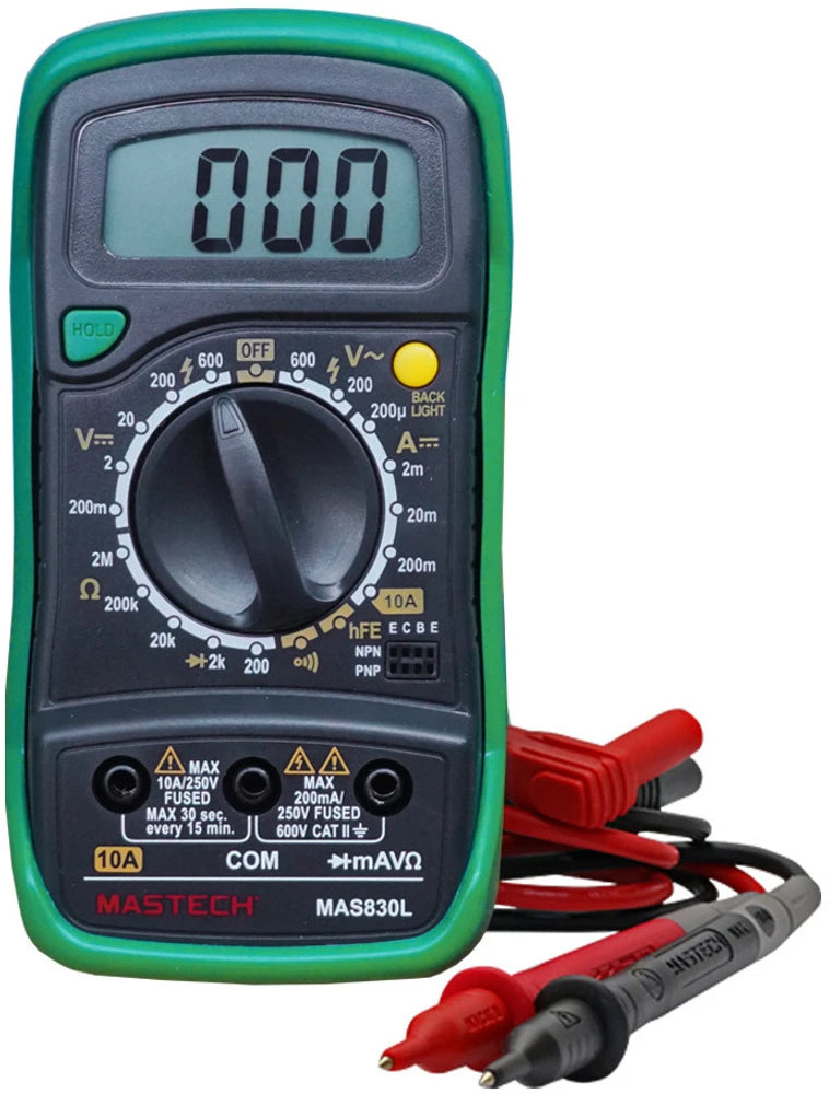 Mastech MAS830L Multimeter with display showing volts, amps, and resistance