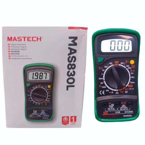 Mastech MAS830L Multimeter with display showing volts, amps, and resistance