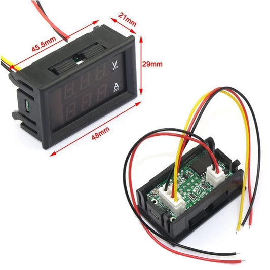 DC digital volt-ammeter module displaying voltage and current readings for electronic circuits and DIY projects