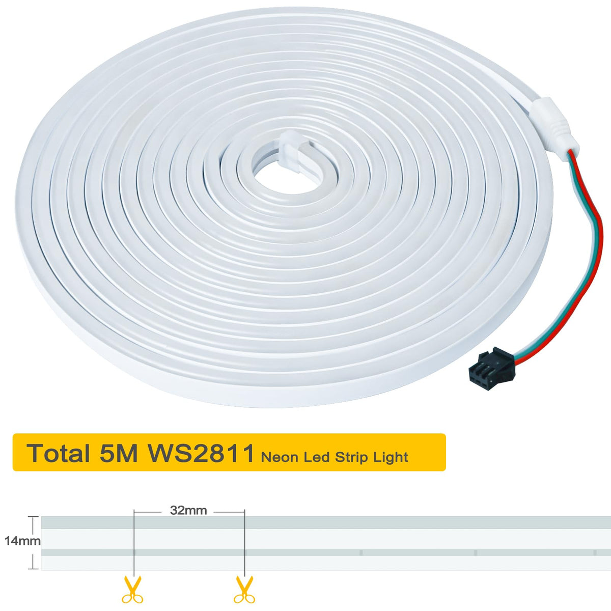 12V RGB Neon Flexible LED Strip Light – 16.4ft, IP65 Waterproof, Dream Color Pixel Strip