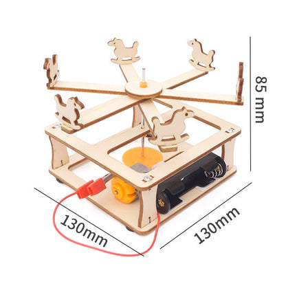 DIY Rotating Carousel STEM Educational Kit with Motor, Gear System and Wooden Assembly Model for Kids Science Learning Project
