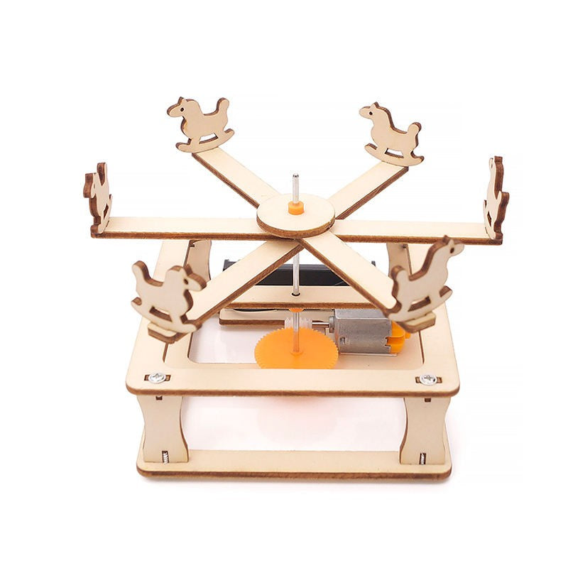 DIY Rotating Carousel STEM Educational Kit with Motor, Gear System and Wooden Assembly Model for Kids Science Learning Project