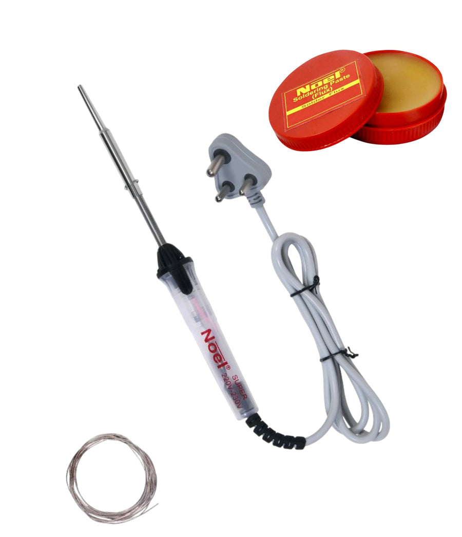 Soldering iron set with solder wire and flux container on a white background